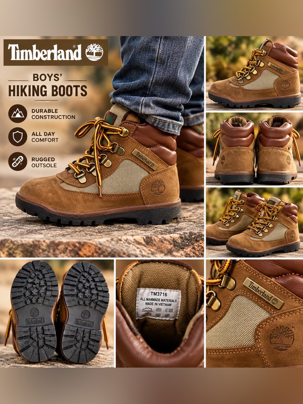 Timberland Boys' Brown and Tan Outdoor Hiking Boots size 2